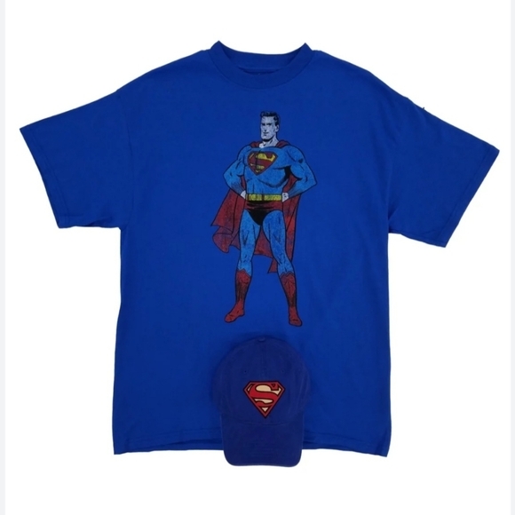 Superman T-Shirt & Hat Baseball Cap NEW Old Stock Size LARGE D C COMICS Blue Red - Picture 7 of 7